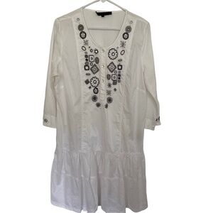 Malvin white cotton - beaded design - button up front midi dress- boho beach.